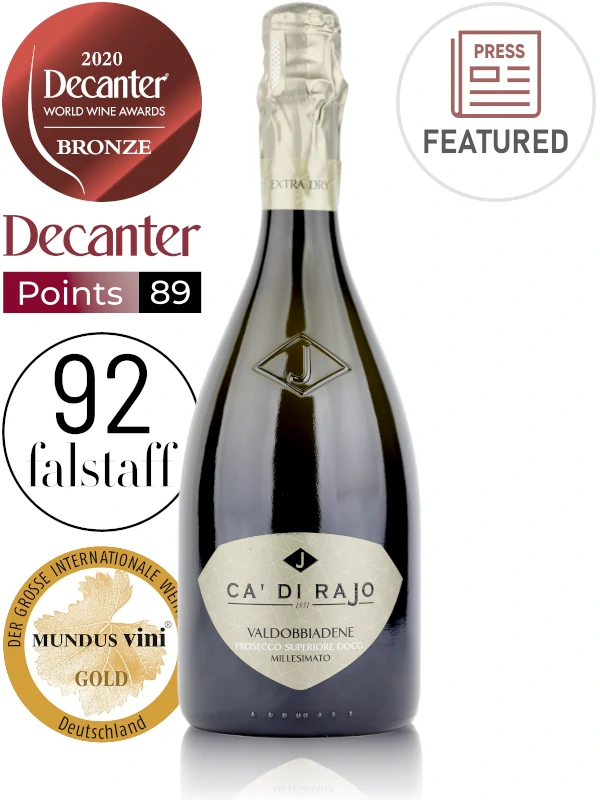 Bottle of Italian Prosecco sparkling wine Ca' di Rajo Extra Dry Conegliano-Valdobbiadene Prosecco Superiore DOCG Millesimato 2020