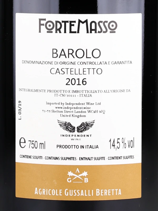 Back label of ForteMasso Barolo DOCG Castelletto Cru 2016