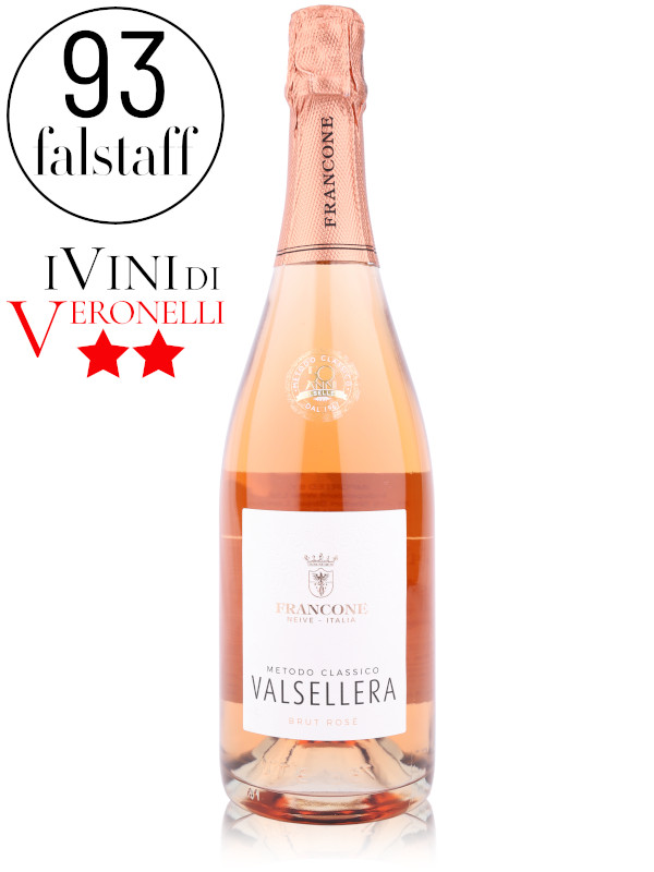 Bottle of Italian sparkling Nebbiolo wine Francone Valsellera Spumante Metodo Classico Rosè Brut