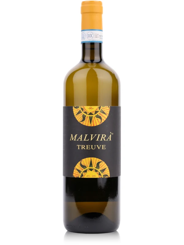 Bottle of Italian white wine Malvirà Treuve Langhe Bianco DOC 2015 three grapes Chardonnay Sauvignon Blanc Arneis