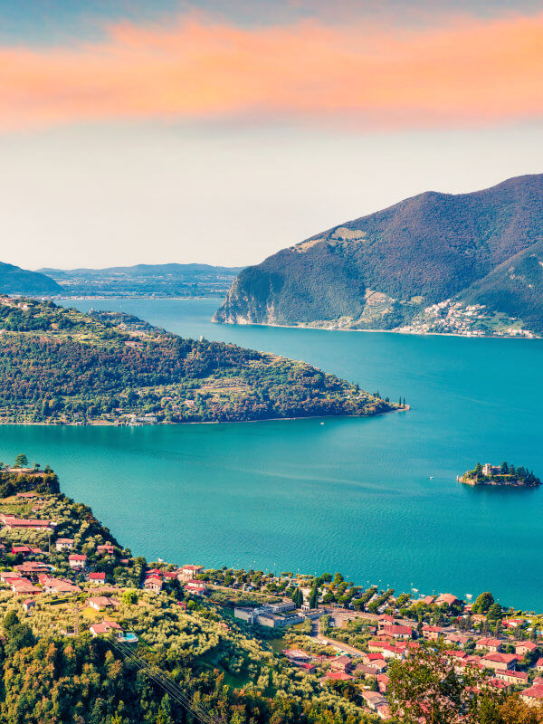 Panoramic view of Lake Iseo, the northern border of Franciacorta, Lombardia, Italy