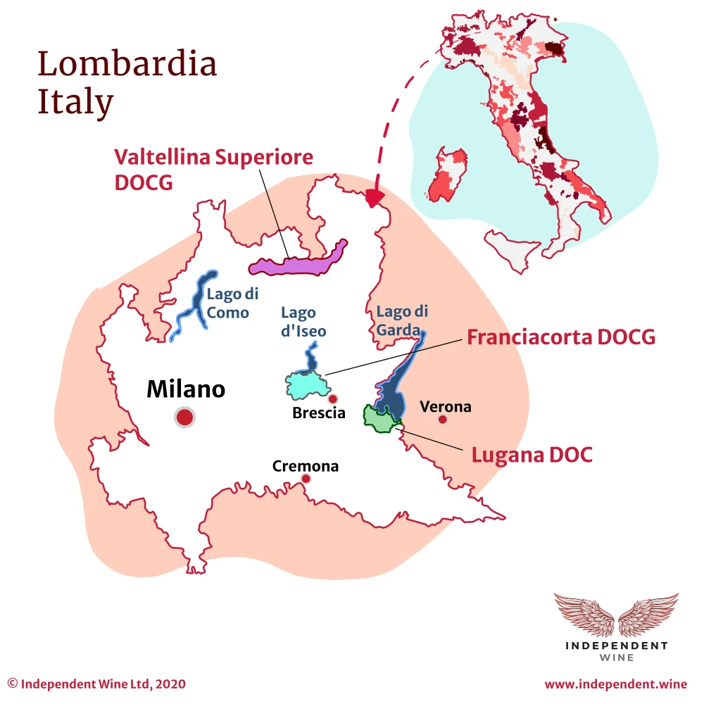 Map of Italian wine making DOC and DOCG areas in Lombardia, Italy