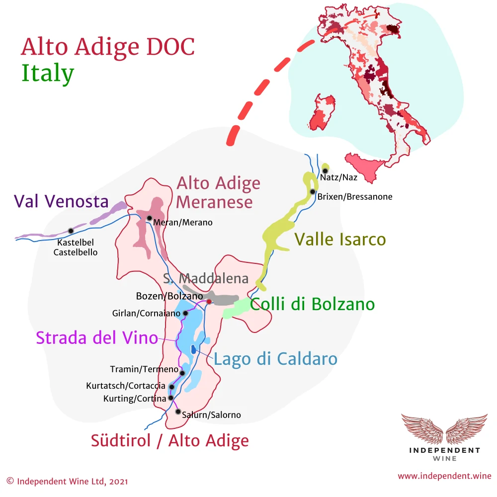 Map of Italian wine-producing region Alto Adige DOC, Italy, and Strada del Vino (wine road)