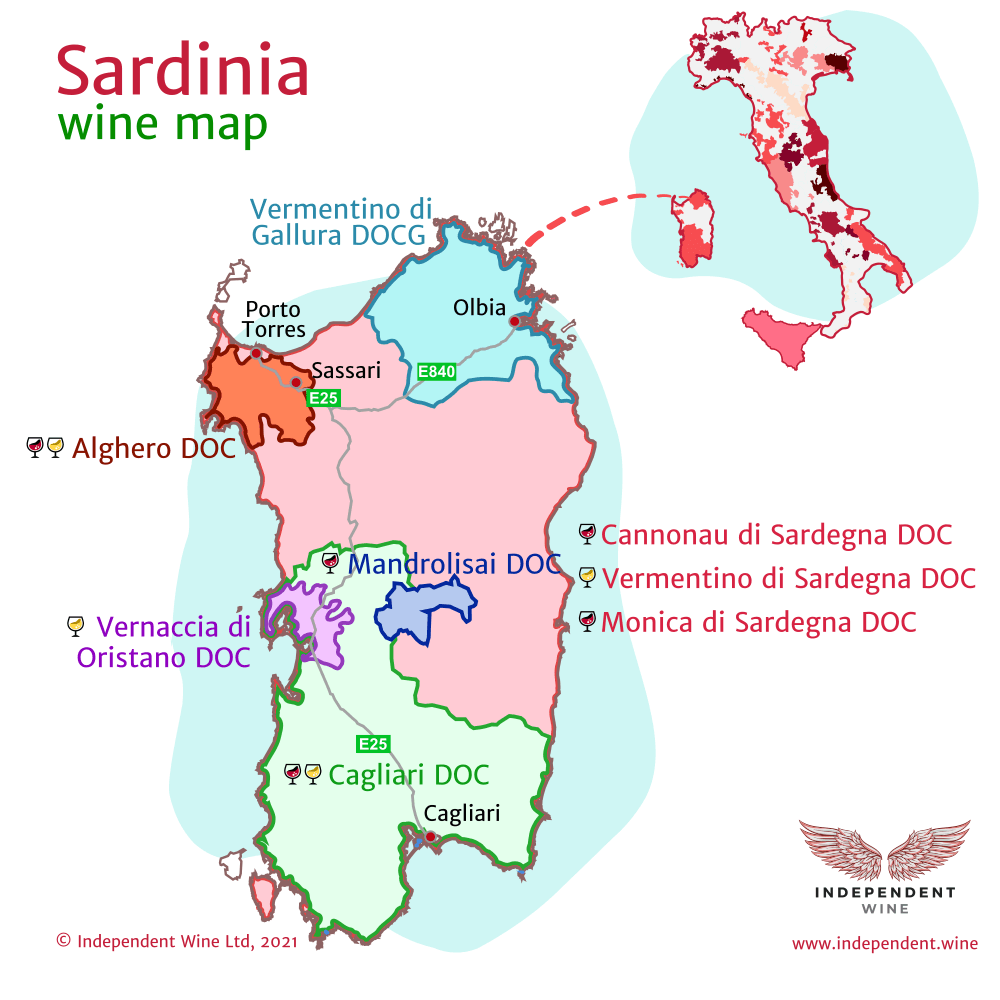 Map of Italian wine producing region Sardinia(Sardegna), Vermentino di Gallura DOCG, Cannonau di Sardegna DOC