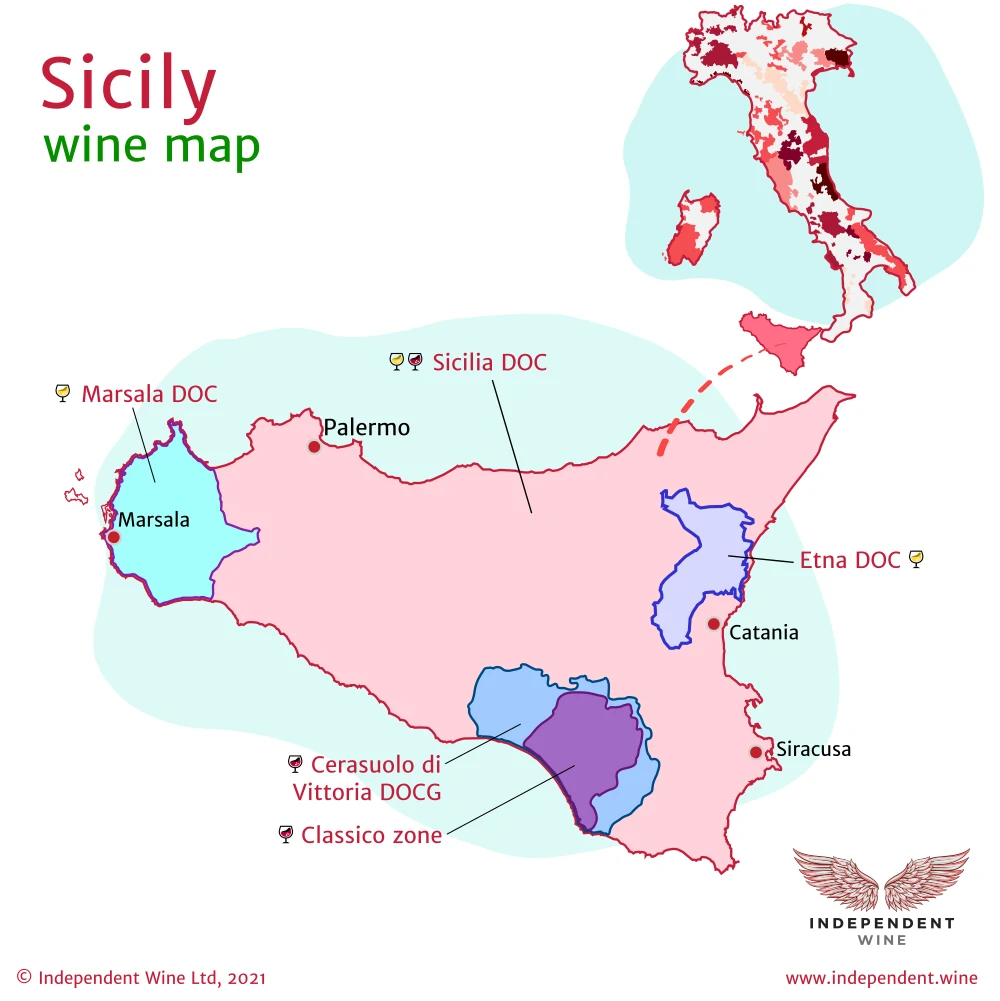 Map of Italian wine producing region Sicily (Sicilia), Sicilia DOC, Marsala DOC, Etna DOC, Cerasuolo di Vittoria DOCG