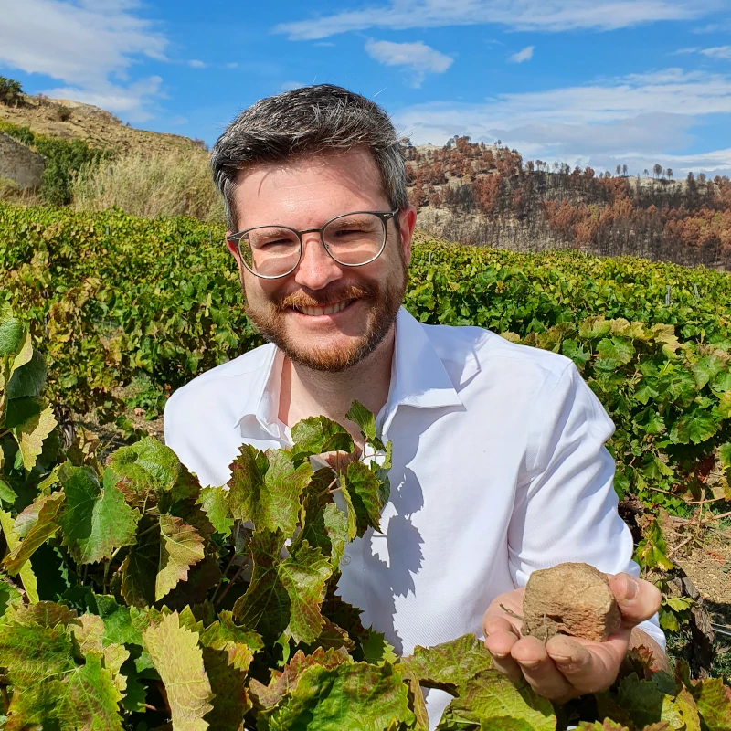 Oleg Dmitriev, Director of Independent Wine and Wine Geek, at Salvatore Tamburello's vineyard in Trapani