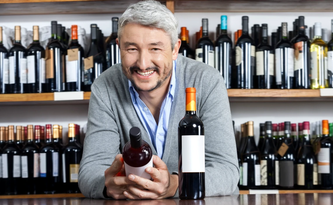 Wine shop keeper holding a bottle of wine, in front of shelves with wine bottles