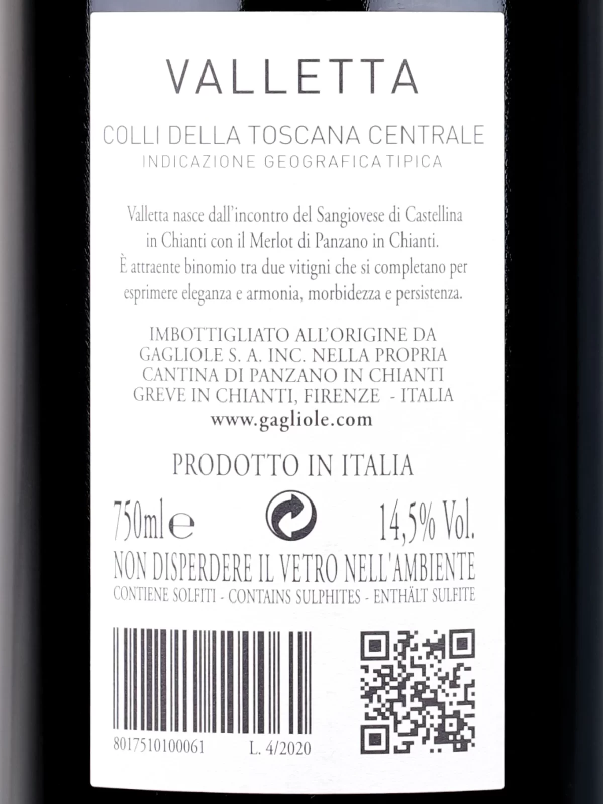 Back label of Gagliole Valletta Colli della Toscana Centrale IGT 2018