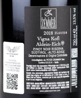 Back label of Italian red wine Peter Zemmer Pinot Nero Riserva Vigna Kofl Alto Adige DOC 2018