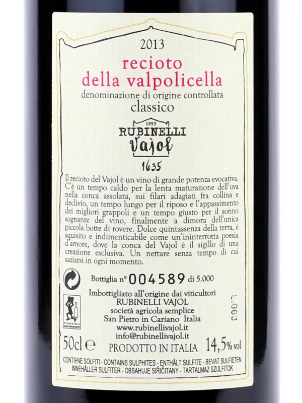 Back label of Rubinelli Vajol Recioto della Valpolicella DOCG 2013