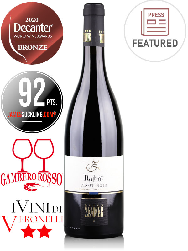Bottle of Italian red wine Pinot Noir Rolhüt by Peter Zemmer, Alto Adige DOC