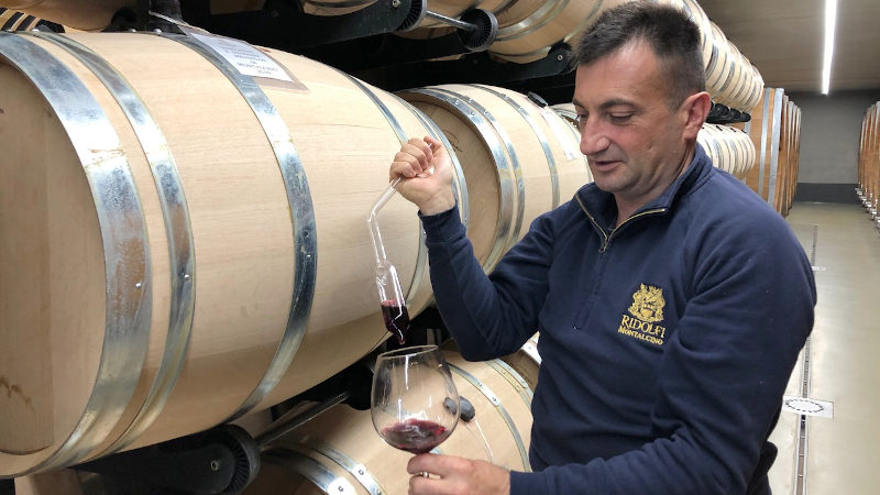 Winemaker Gianni Maccari sampling wine in the ageing room at Ridolfi winery in Brunello di Montalcino