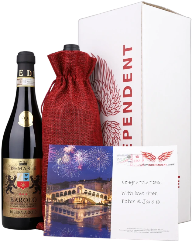 Gift-wrapped Wine Gift, a bottle of Barolo wine, and Christmas Card with printed custom message, wing gift prepared by Independent Wine