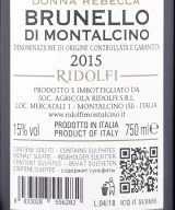 Back label of Italian red wine Ridolfi Donna Rebecca Brunello di Montalcino DOCG 2015