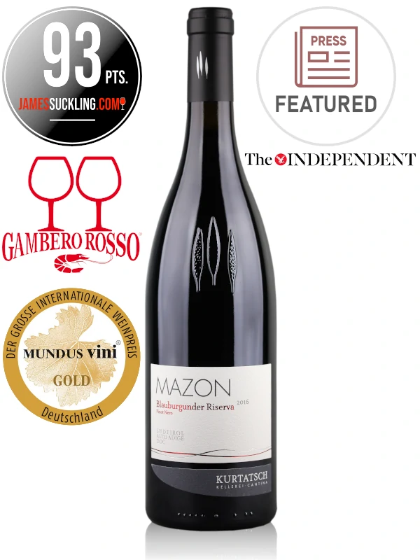 Bottle or Italian red wine Kurtatsch Mazon cru Pinot Noir Riserva Alto Adige DOC 2016 featured in The Independent newspaper