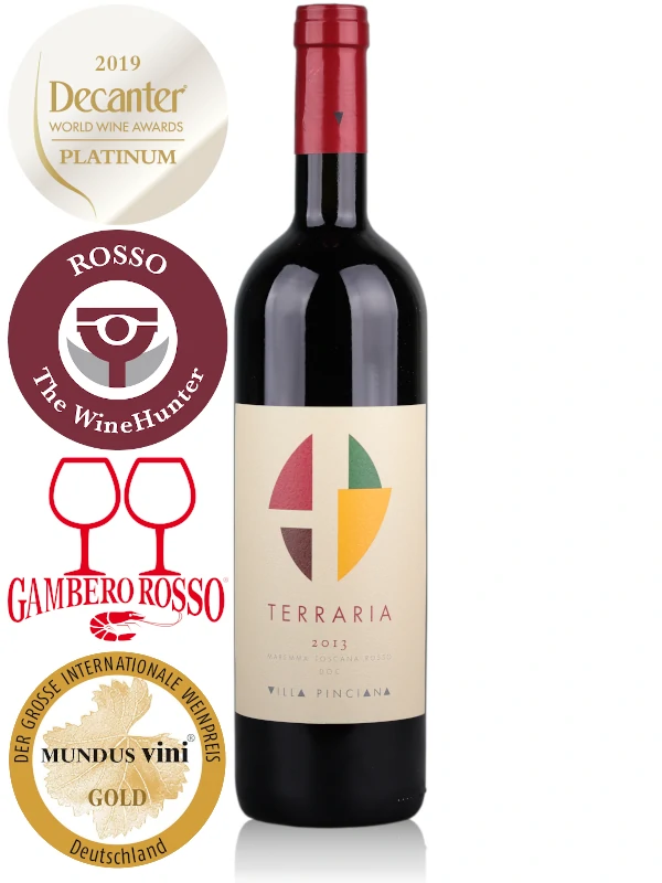 Bottle of red wine Villa Pinciana Terraria 2013 Maremma Toscana DOC, Sangiovese, Cabernet Sauvignon, Petit Verdot