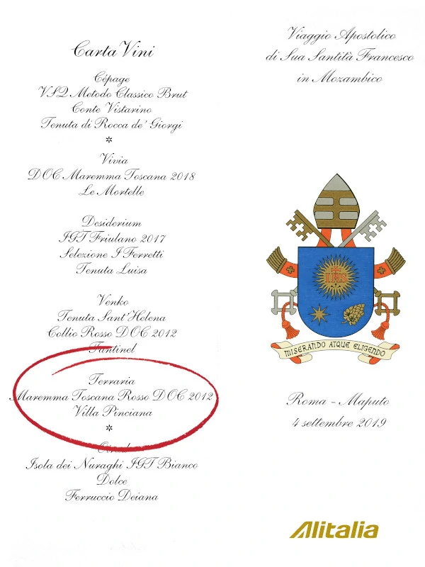 Wine Villa Pinciana Terraria on His Holiness Pope Francis' private flight wine menu