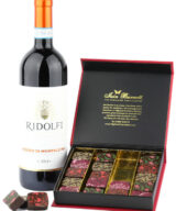 Gift set including bottle of Italian red wine Ridolfi Rosso di Montalcino with Velvet Truffle artisan chocolates