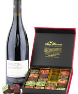 Gift set including bottle of Italian red wine Kurtatsch Mazon Pinot Noir Riserva with Velvet Truffle artisan chocolates