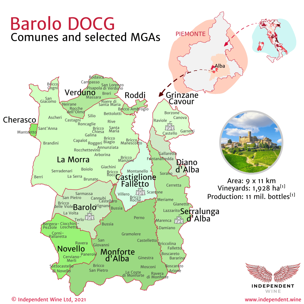 Independent Wine - Map of Barolo DOCG winemaking area, with Comunes and MGAs