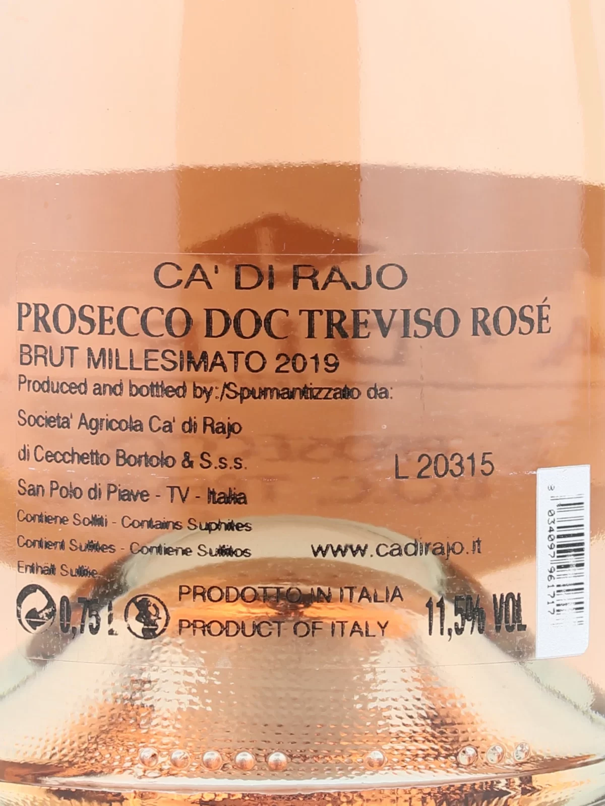Back label of Ca' di Rajo Prosecco DOC Treviso Rosé Millesimato