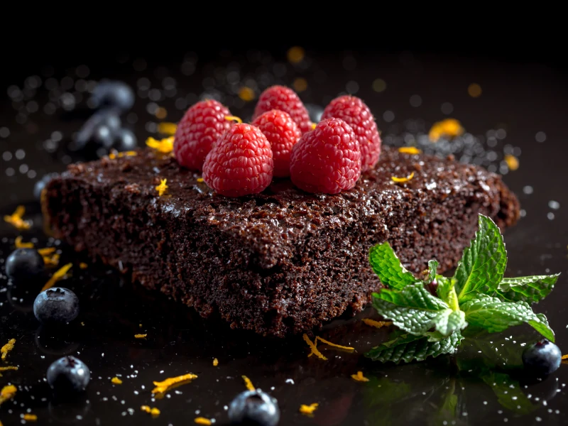 Chocolate cake with raspberries and blueberries