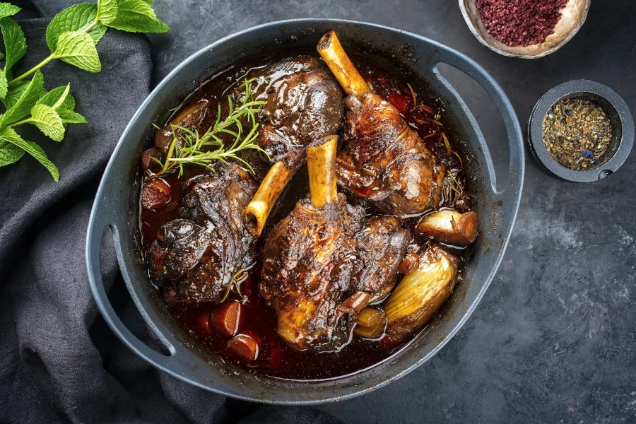 Lamb shanks cooked with spices in a casserole