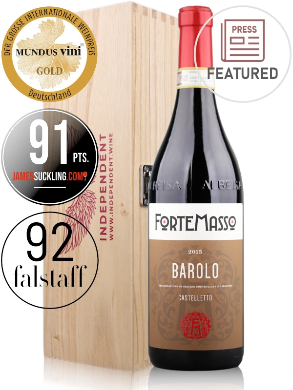 ForteMasso Barolo Castelletto 2015 in Sustainable Wooden Gift Box with Independent Wine's insignia