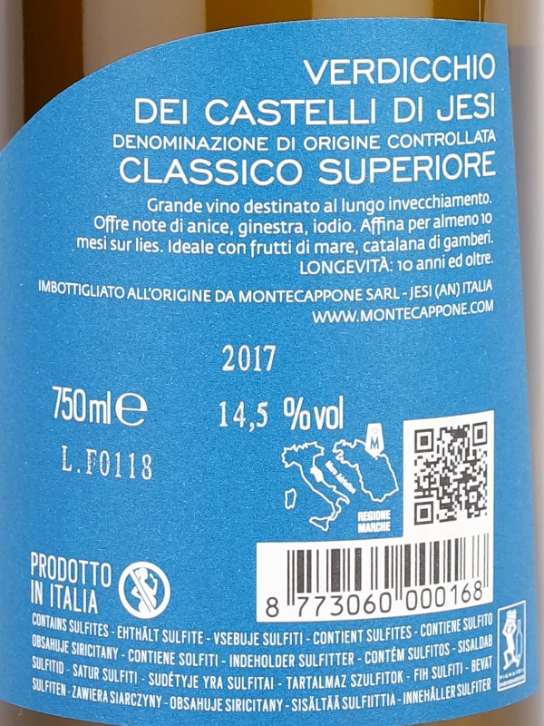 Back label of Montecappone Federico II AD 1194 Verdicchio dei Castelli di Jesi Classico Superiore DOC