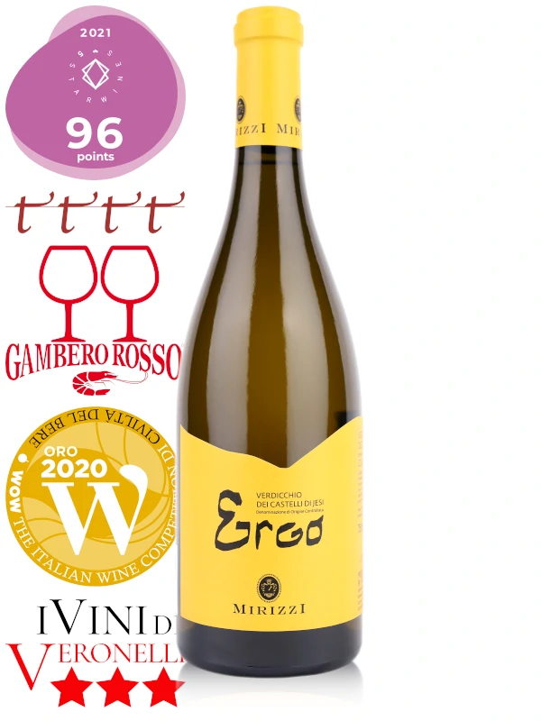 Bottle of amphora-aged Italian white wine Mirizzi Ergo Verdicchio dei Castelli di Jesi Superiore Classico DOC 2018