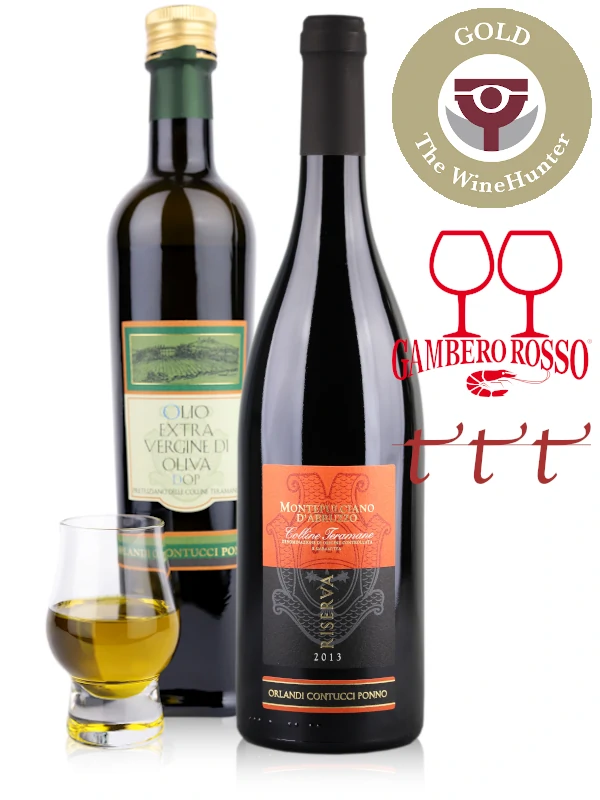 Gift Set "Taste of Abruzzo" including a bottle of Italian red wine Orlandi Contucci Ponno Montepulciano d'Abruzzo DOCG Riserva 2013 and a bottle of Extra Virgin Olive Oil