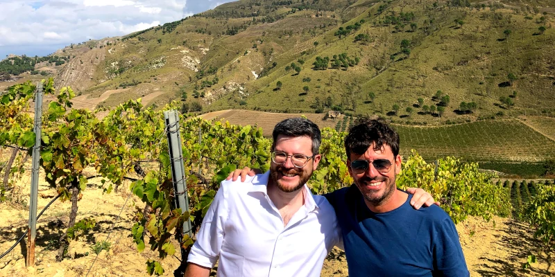 Salvatore Tamburello and Oleg Dmitriev (Independent Wine), in Salvatore's vineyard in Poggioreale Sicily