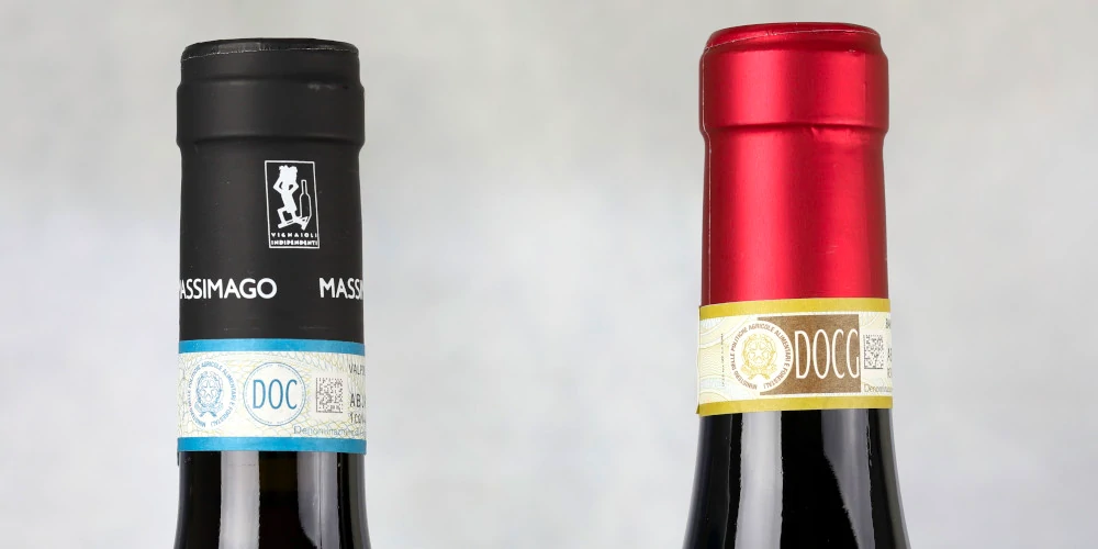 Bottles of Valpolicella DOC wine and Amarone della Valpolicella DOCG wine with Fascette