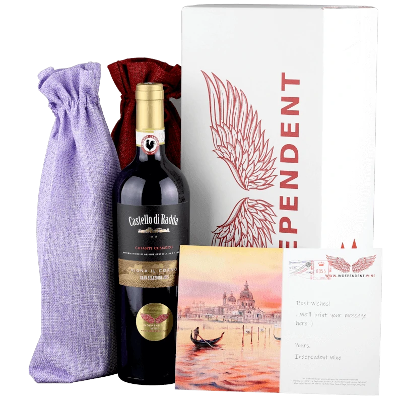 Bottles of wine in gift wrapping, Castello di Radda, box of wine and gift card