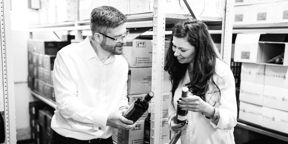 Elvira and Oleg Dmitriev, Directors of Independent wine, in the wine cellar at 12 Miller Row Edinburgh