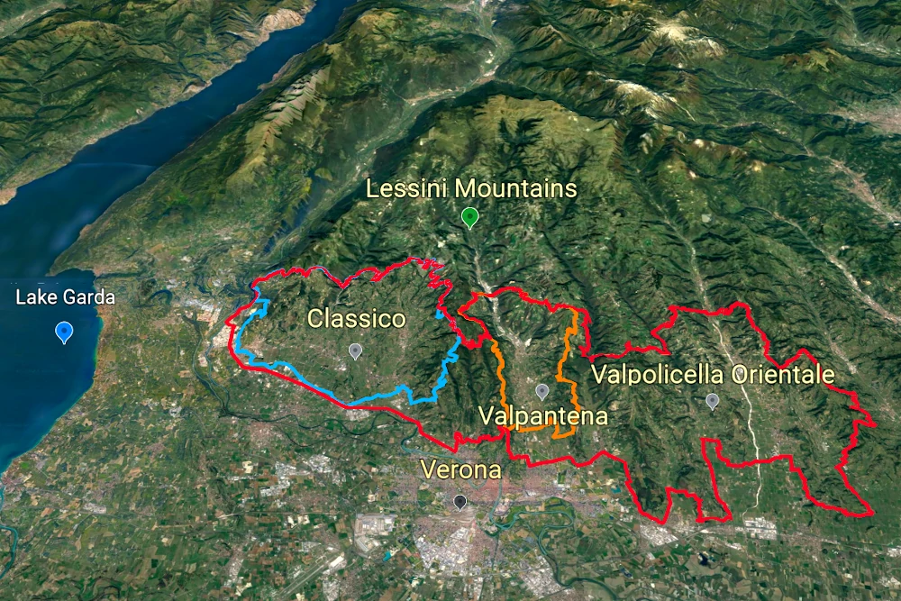 3D Map of Valpolicella area with Lake Garda, Lessini Mountains, city of Verona - made with Google Earth