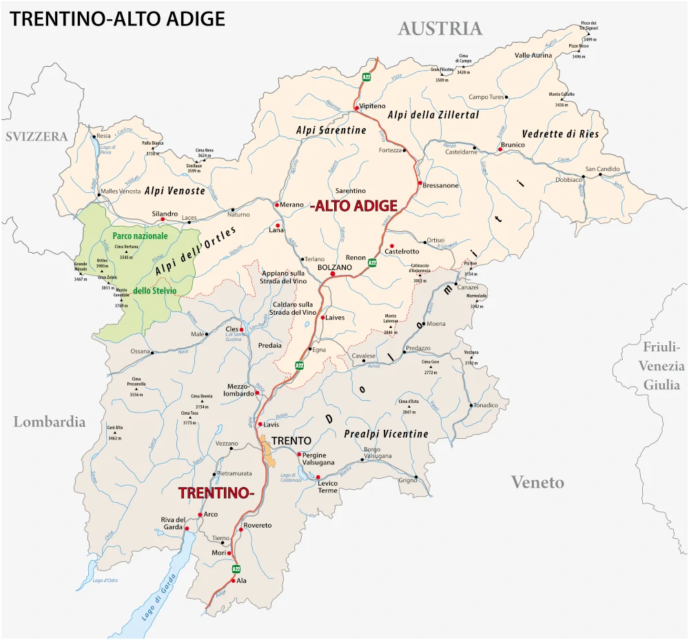 Map of the Trentino-Alto Adige administrative region