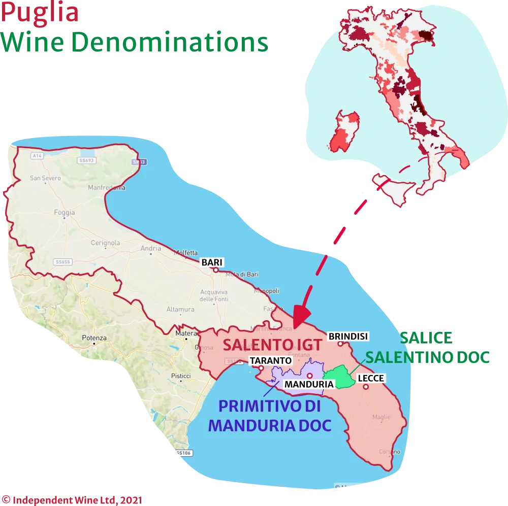 Map of Wine Denominations of Puglia, Italy - Primitivo di Manduria DOC, Salice Salentino DOC, Salento IGT. Independent Wine