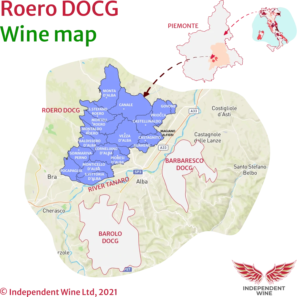 Roero Winemaking Region Map, relative to Barolo DOCG and Barbaresco DOCG, Independent Wine