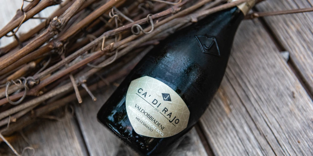 Bottle of Ca' di Rajo Extra Dry Millesimato Valdobbiadene Prosecco Superiore DOCG lying on wooden table with cuttings of dry last year's vine shoots