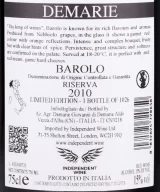 Back label of Demarie Barolo Riserva DOCG 2010