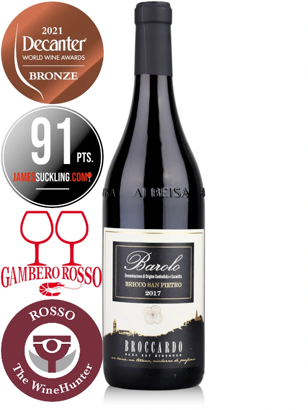 Bottle of Italian red wine Broccardo Barolo Bricco San Pietro DOCG 2017 with awards