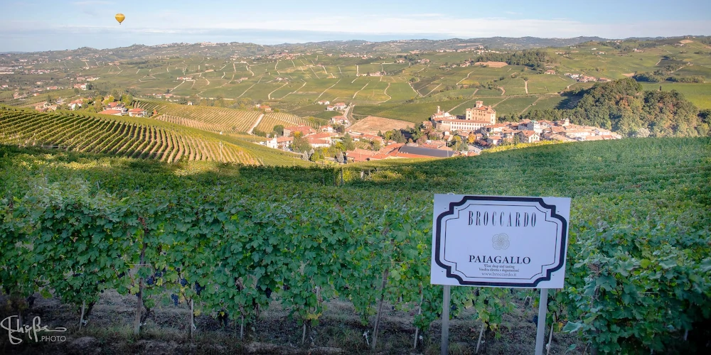 Paiagallo cru over the Barolo village, with balloon in the sky