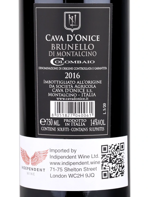 Back label of Cava d'Onice Colombaio, Brunello di Montalcino DOCG 2016