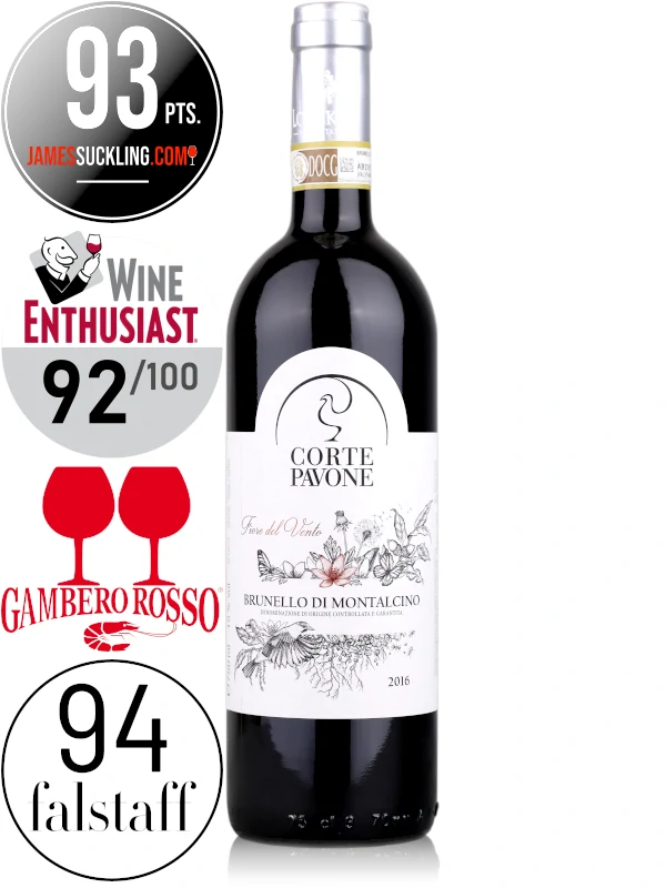Bottle of Italian red wine Corte Pavone Fiore del Vento Brunello di Montalcino DOCG 2016