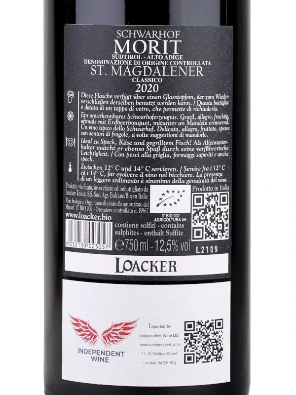 Back label of Loacker Schwarhof Morit St Magdalener Classico Alto Adige DOC 2020