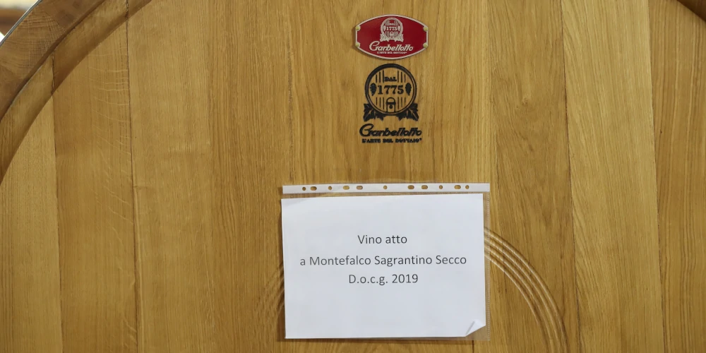 Montefalco Sagrantino DOCG 2019 wine ageing in a large oak barrel, Fratelli Pardi, Montefalco