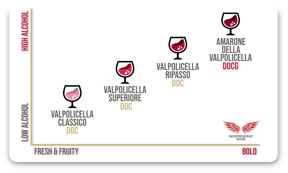 Diagram of Valpolicella Dry Wines, from fruity, low-alcohol Valpolicella Classico, to medium-alcohol and medium-bold Valpolicella Superiore and Valpolicella Ripasso, to bold and high-alcohol Amarone della Valpolicella