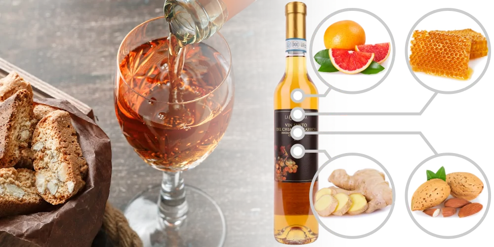 Flavours of Vin Santo wine, red grapefruit, honey, ginger, almond, apricot stone