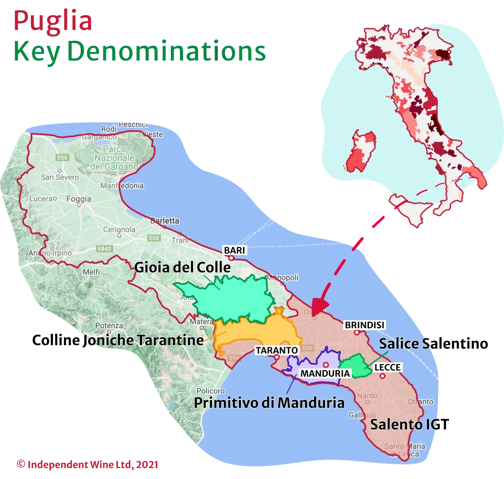 Puglia Key Denominations - Gioia del Colle DOC, Primitivo di Manduria DOC, Salice Salentino DOC, Salento IGT. Independent Wine